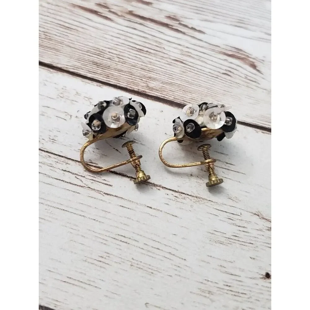 Vintage Screw Back Earrings Black & White Sequin Cluster Just Over 0.5